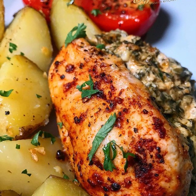 Spinach & Cheese Stuffed Chicken with Garlic Potatoes and Grilled Tomatoes
